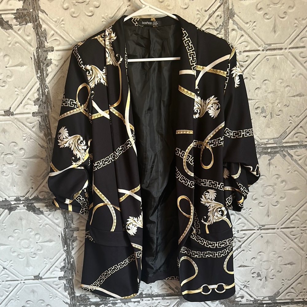 Boohoo Black and Gold Patterned Blazer